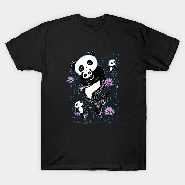 Panda Mermaid Bear with Lotus Flowers T-Shirt by shaireproductions